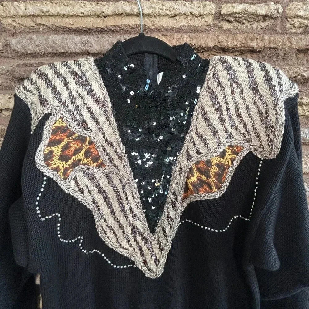 Vintage 80s Bonnie & Bill Zebra Print  Bling Embellished Sweater  NWT - Picture 7 of 10